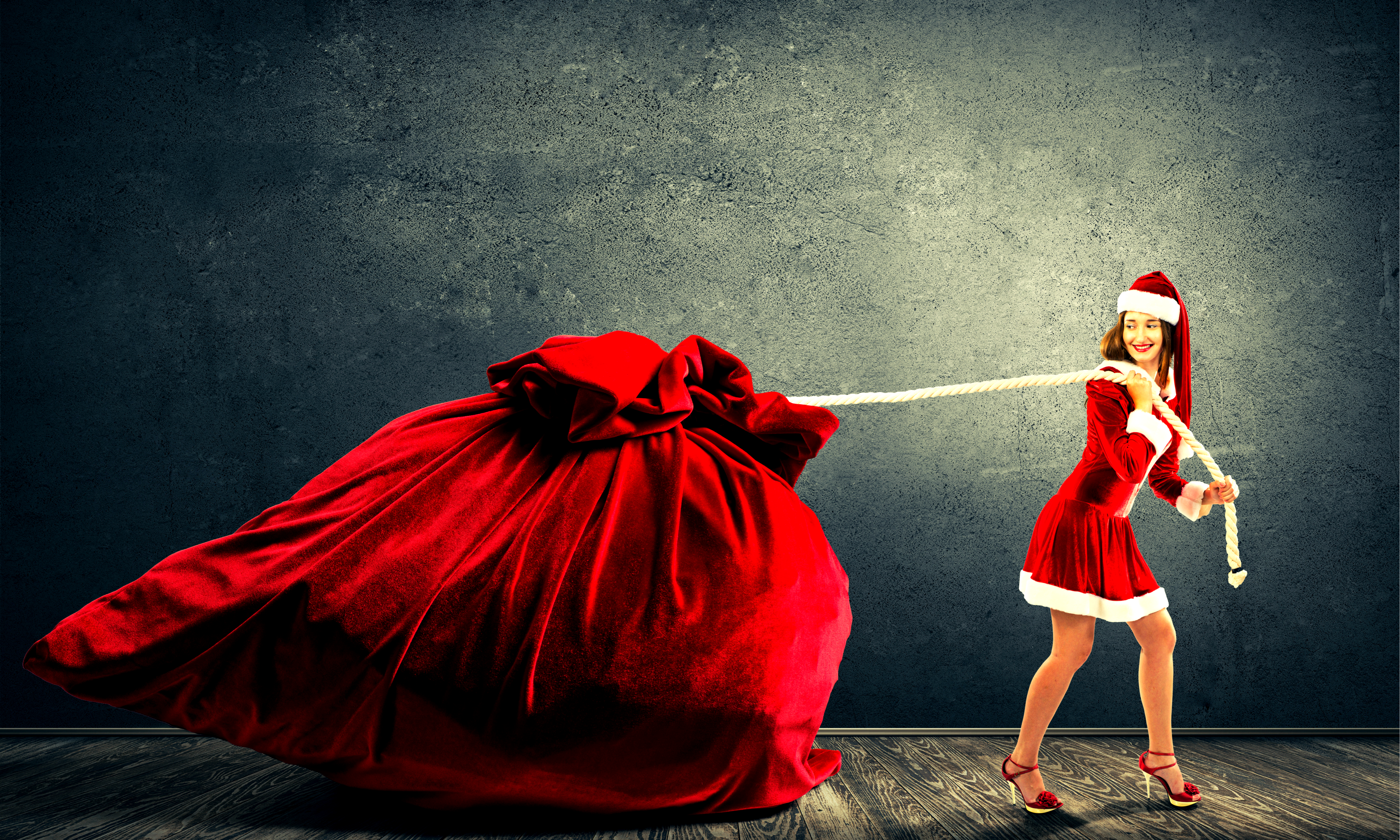 Woman carrying santa gift bag in trough the Saleslane 